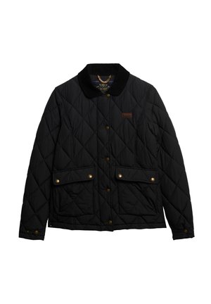 Veste matelassée noire avec col en velours côtelé, boutons-pression à l'avant, deux poches à rabat avec fermetures à pression et une petite étiquette de marque sur la poitrine.