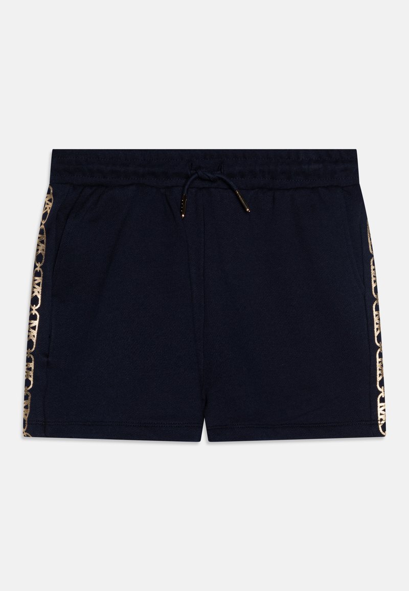 Námořnické modré šortky vyrobené z měkké látky, s elastickým pasem na šňůrku a zlatě vzorovanými bočními akcenty. Klasický a pohodlný design.