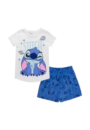 White short-sleeve shirt with winking blue Stitch character and planets, paired with blue shorts featuring repeated Stitch faces pattern.