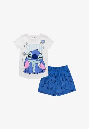 White short-sleeve shirt with winking blue Stitch character and planets, paired with blue shorts featuring repeated Stitch faces pattern.