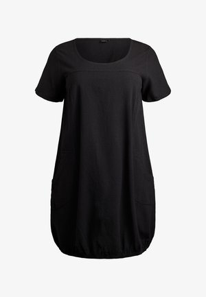 Schwarzes Kurzarmkleid mit rundem Ausschnitt, zwei Seitentaschen, elastischem Saum und leicht strukturierter Stoffqualität. Legere A-Linien-Silhouette.
