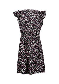 Blumenkleid mit schwarzem Hintergrund, das rosa und weiße Blumen zeigt, Rüschensäulen hat, eine elastische Taille sowie einen gestuften Rock.
