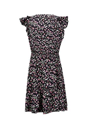 Blumenkleid mit schwarzem Hintergrund, das rosa und weiße Blumen zeigt, Rüschensäulen hat, eine elastische Taille sowie einen gestuften Rock.