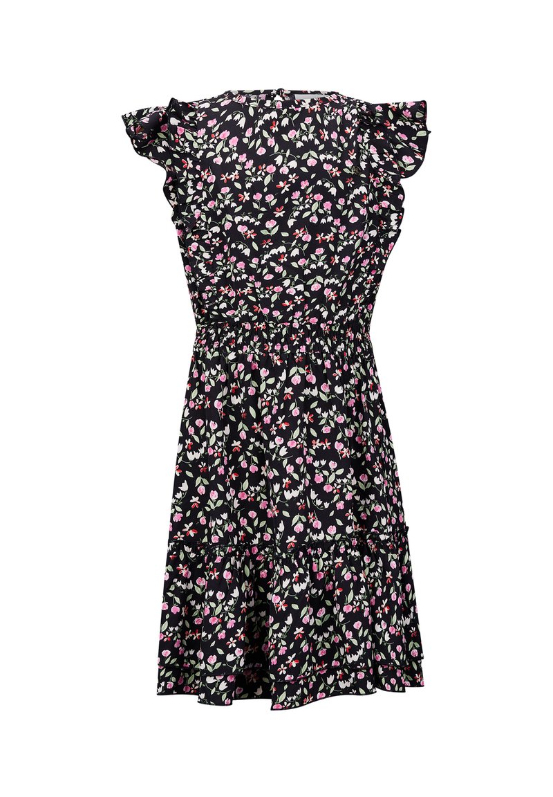 Blumenkleid mit schwarzem Hintergrund, das rosa und weiße Blumen zeigt, Rüschensäulen hat, eine elastische Taille sowie einen gestuften Rock.