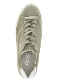 Sneaker in camoscio khaki con punta rotonda, lacci piatti e suola in gomma bianca; presenta dettagli cuciti e un logo stampato sulla linguetta.