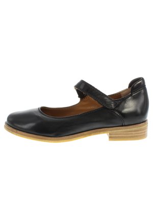Schwarze Leder-Mary-Jane-Schuhe mit runder Zehenform, niedrigem Absatz, Knöchelriemen und glatter Oberfläche. Die Sohle hat eine kontrastierende, helle Holzoptik.