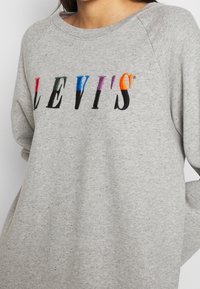 Sweatshirt gris avec un col ras du cou, featuring le texte "LEVI'S" coloré dans des couleurs dégradées. Tissu doux et texturé avec des manches raglan.