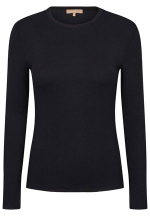 Top negru din material ribbed, cu mâneci lungi și decolteu rotund, fabricat dintr-un material elastic. Prezentă o silueta ajustată și un design curat, minimalist.