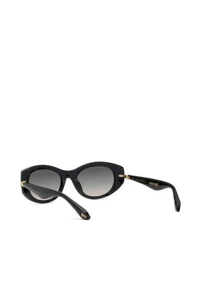 Lunettes de soleil noires forme œil de chat avec verres foncés dégradés et accents dorés sur les charnières et les embouts des branches, présentées sur fond blanc.