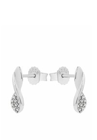 Orecchini d'argento con un design vorticoso a forma di goccia. Un lato è decorato con piccole cristalli trasparenti. Marchiati "925."