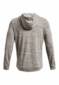 Grå hættetrøje med en tekstureret, meleret design; har en frontlomme, lange ærmer og en tætsiddende hætte. Stoffet ser blødt og strækbart ud.