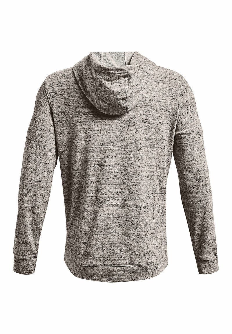 Felpa grigia con un design testurizzato e mélange; presenta una tasca frontale, maniche lunghe e un cappuccio aderente. Il tessuto sembra morbido ed elastico.