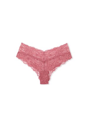 Braguitas de encaje rosa con borde festoneado, patrón floral y textura suave, diseñadas con una cinturilla ancha y parte trasera sin costuras.