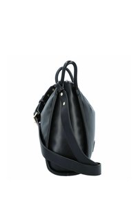 Borsa a tracolla in pelle nera con forma arrotondata, doppi manici superiori e tracolla rimovibile. Presenta un hardware minimale e una texture liscia.