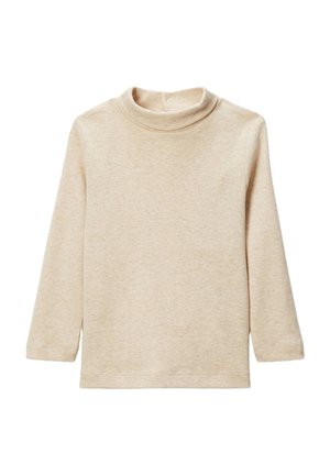 Haut col roulé beige en coton doux. Présente des manches longues, des épaules sans couture et un col haut pour plus de chaleur.