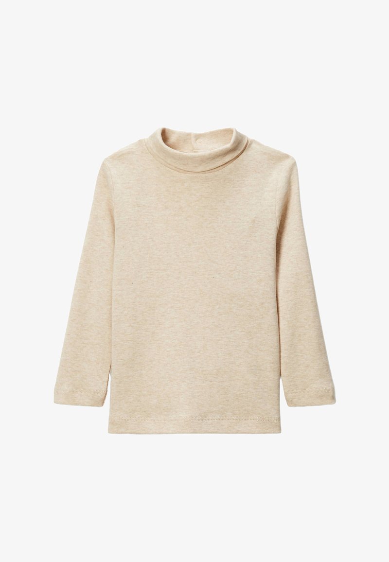 Haut col roulé beige en coton doux. Présente des manches longues, des épaules sans couture et un col haut pour plus de chaleur.