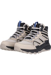 Scarpe da escursionismo impermeabili beige e nere con pannelli in rete, suole in gomma testurizzata, dettagli blu e lacci robusti per una vestibilità sicura.