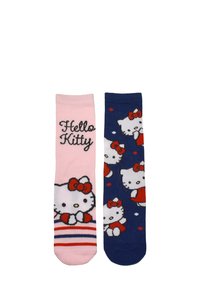 Rosa und marineblaue Socken mit Hello Kitty. Die rosa Socke hat Streifen und den Text "Hello Kitty"; die marineblaue Socke zeigt mehrere Hello Kitty Bilder.