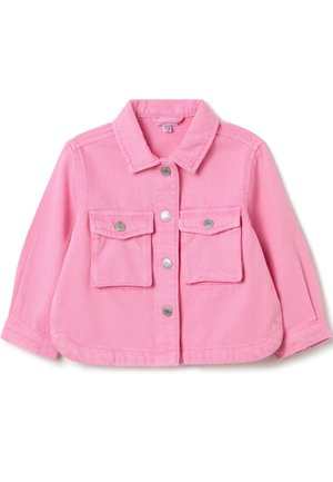 Rosa Jeansjacke mit langen Ärmeln, vorderer Knopfleiste, zwei aufgesetzten Brusttaschen mit silbernen Knöpfen und klassischem Kragen.