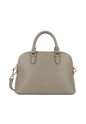 Sac à main en cuir texturé gris avec doubles poignées, ferrures dorées, bandoulière amovible et logo "Lancaster Paris" sur le devant.