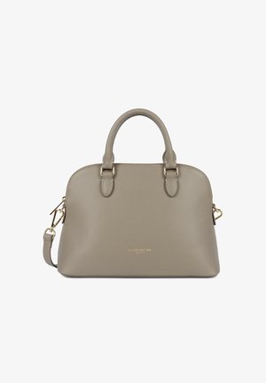 Sac à main en cuir texturé gris avec doubles poignées, ferrures dorées, bandoulière amovible et logo "Lancaster Paris" sur le devant.