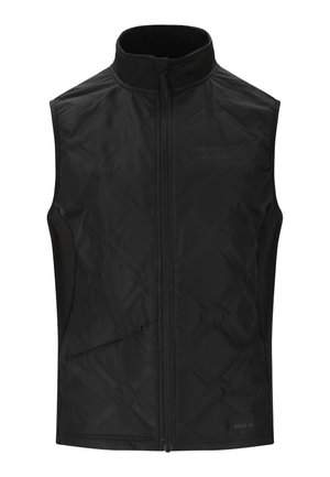 Mustat hihattomat liivit, joissa on korkea kaulus, vetoketjukiinnitys, timanttikuosiset pinnat ja sivutasku säilytystä varten.