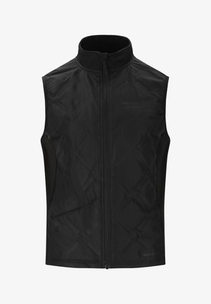 Mustat hihattomat liivit, joissa on korkea kaulus, vetoketjukiinnitys, timanttikuosiset pinnat ja sivutasku säilytystä varten.