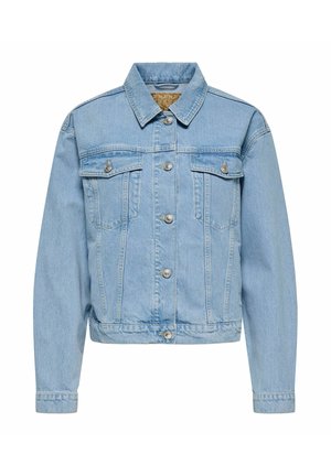 Világoskék farmerdzseki ezüst gombokkal, két mellrészen található fedeles zsebbel, hosszú ujjakkal és klasszikus gallérral.