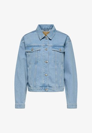 Lyseblå denimjakke med sølvknapper, to brystlommer med klaff, lange ermer og en klassisk krage.