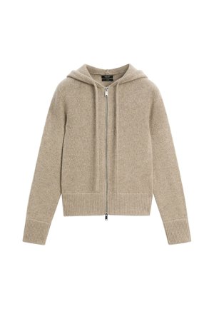 Cardigan beige lavorato a maglia con cappuccio, maniche lunghe, chiusura frontale con cerniera e polsini e orlo a coste.