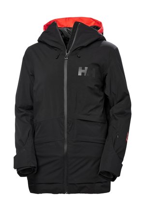 Černá bunda s červenou vnitřní kapucí. Má zipový přední díl, nastavitelné kapuce a potisk loga na hrudi. Odolná, texturovaná l�átka.