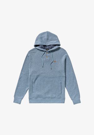 Hellblaues Kapuzensweatshirt aus strukturiertem Stoff, mit Fronttasche und Dreiknopf-Leiste. Es hat Raglanärmel und eine Kordelzugkapuze.