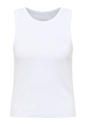 Hvid ærmeløs crop top med rund halsudskæring, ensfarvet front og subtil stofstruktur.