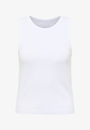 Witte mouwloze crop top met een ronde halslijn, effen voorkant en subtiele stofstructuur.