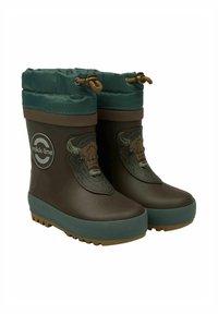 Bottes en caoutchouc marron avec un col en tissu vert, ornées d'un motif de bison et d'une semelle texturée pour une meilleure adhérence. Comprend un cordon de serrage en haut pour un ajustement.