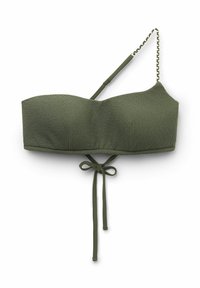 Olivgrön bandeau-bikinitopp med texturerad tyg, en axelrem och justerbar knytning på baksidan. Har en kedjeliknande remdesign.