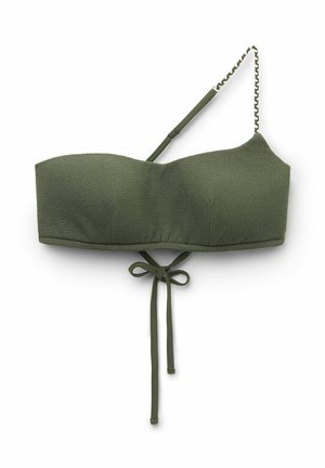 Olivgrön bandeau-bikinitopp med texturerad tyg, en axelrem och justerbar knytning på baksidan. Har en kedjeliknande remdesign.