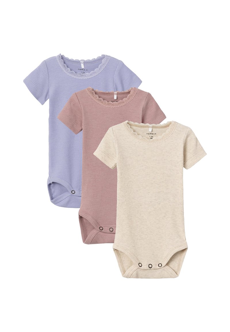 Three short-sleeve bodysuits in light blue, mauve, and beige ribbed fabric. Features lace-trimmed necklines and snap closures at the bottom.