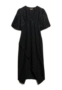Vestido negro con mangas cortas abullonadas, escote en pico, textura floral y dobladillo asimétrico. Hecho de tela suave, presenta una silueta fluida.
