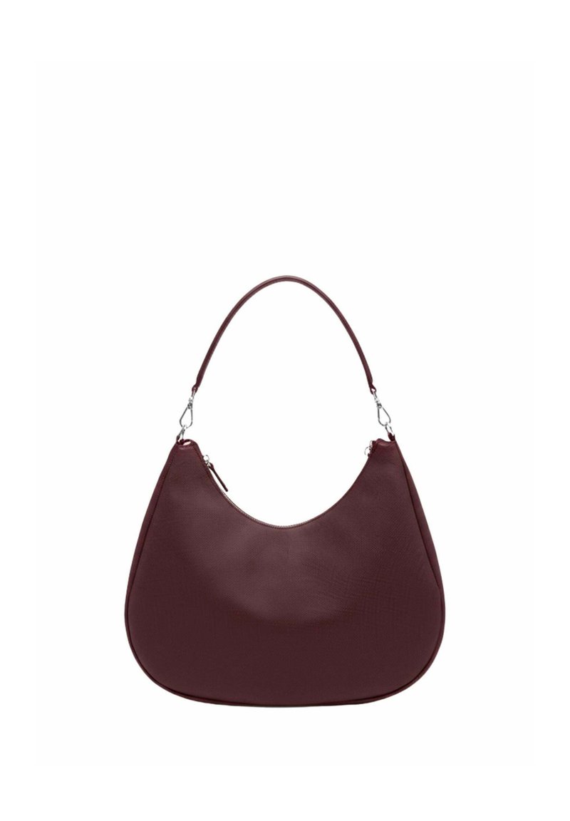 Dunkelbraune, halbmondförmige Ledertasche mit einem einzelnen Riemen und Reißverschluss sowie Verschlüssen in Silberoptik.