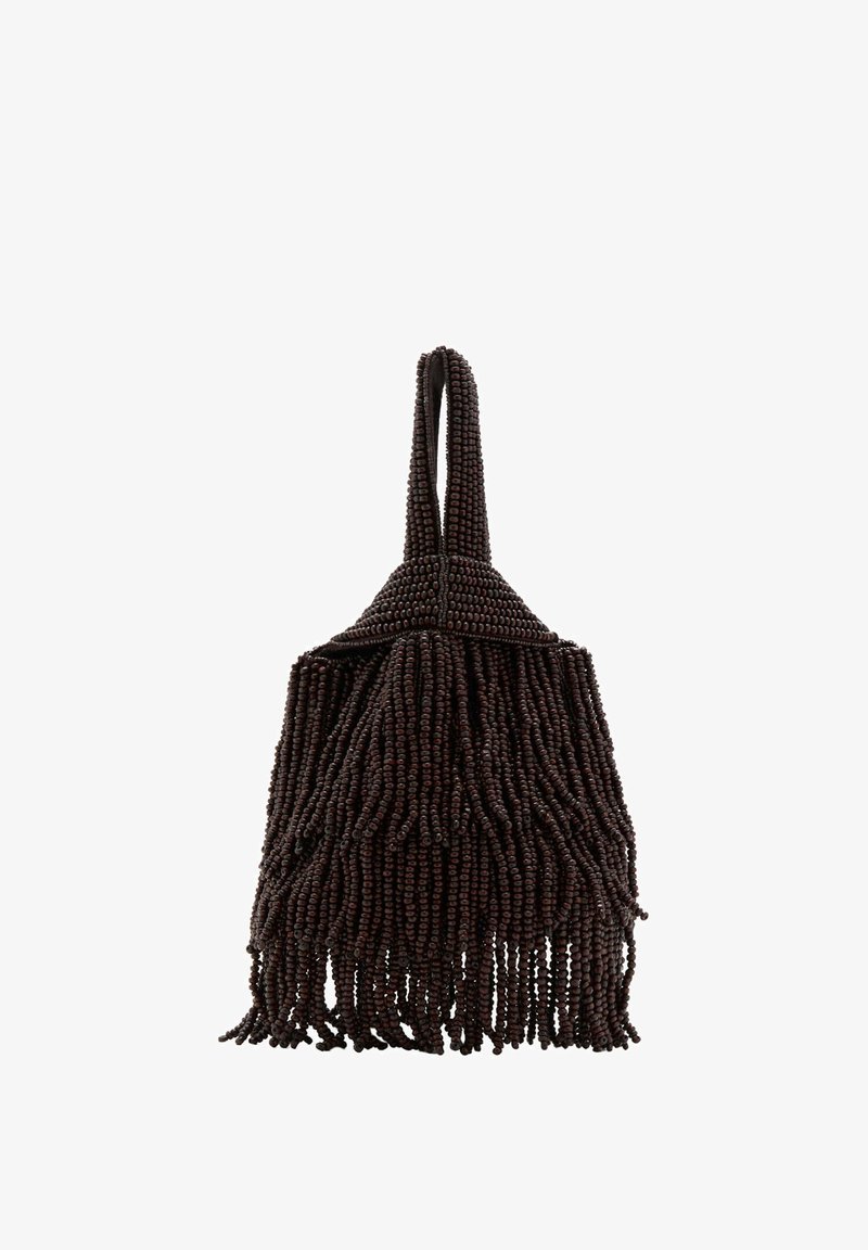 Small dark brown handbag covered in dense beaded strands with a looped handle and a fringed, textured design.