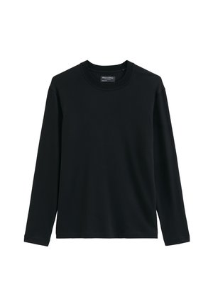 Schwarzes Langarmshirt mit Rundhalsausschnitt und geripptem Kragen von Marc O’Polo, flach auf weißem Hintergrund präsentiert.