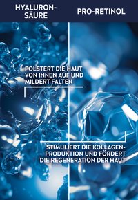 Hyaluronic acid and pro-retinol imagery with blue tones, featuring water droplets, glistening textures, and crystal-like shapes.