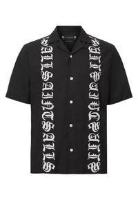 Chemise noire à manches courtes ornée d'un grand texte brodé blanc sur le devant, avec une fermeture à boutons et un col classique.