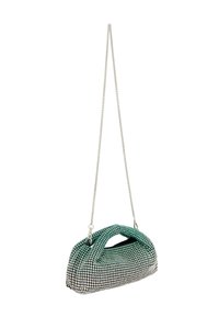 Borsa a rete verde e nera scintillante con un taglio unico, tracolla in argento e un design distintivo della maniglia.