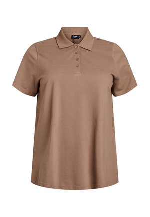 Polo en coton marron avec une patte de boutonnage à l'avant à trois boutons, manches courtes et un design de col classique. Texture lisse.