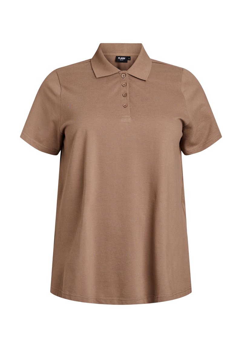 Hnědá bavlněná polo košile s předním zapínáním na tři knoflíky, krátkými rukávy a klasickým límcem. Hladká textura.