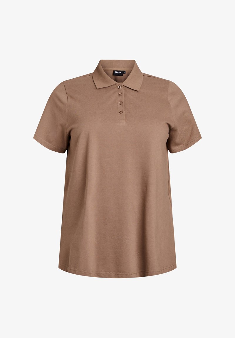 Ruskea puuvillapoolopaita, jossa on etuplacket kolmella napilla, lyhyet hihat ja klassinen kauluskielto. Sujuva pinta.