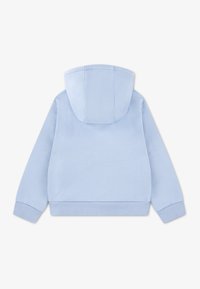 Light blue sweatshirt with a hood, ribbed cuffs, and hem. Features a soft texture with a simple design, suitable for casual wear.