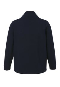 Marineblauwe pullover met een kraag, lange mouwen, ribgebreide manchetten, textuurstof en een afgeronde zoom. Eenvoudig ontwerp zonder zichtbare patronen.